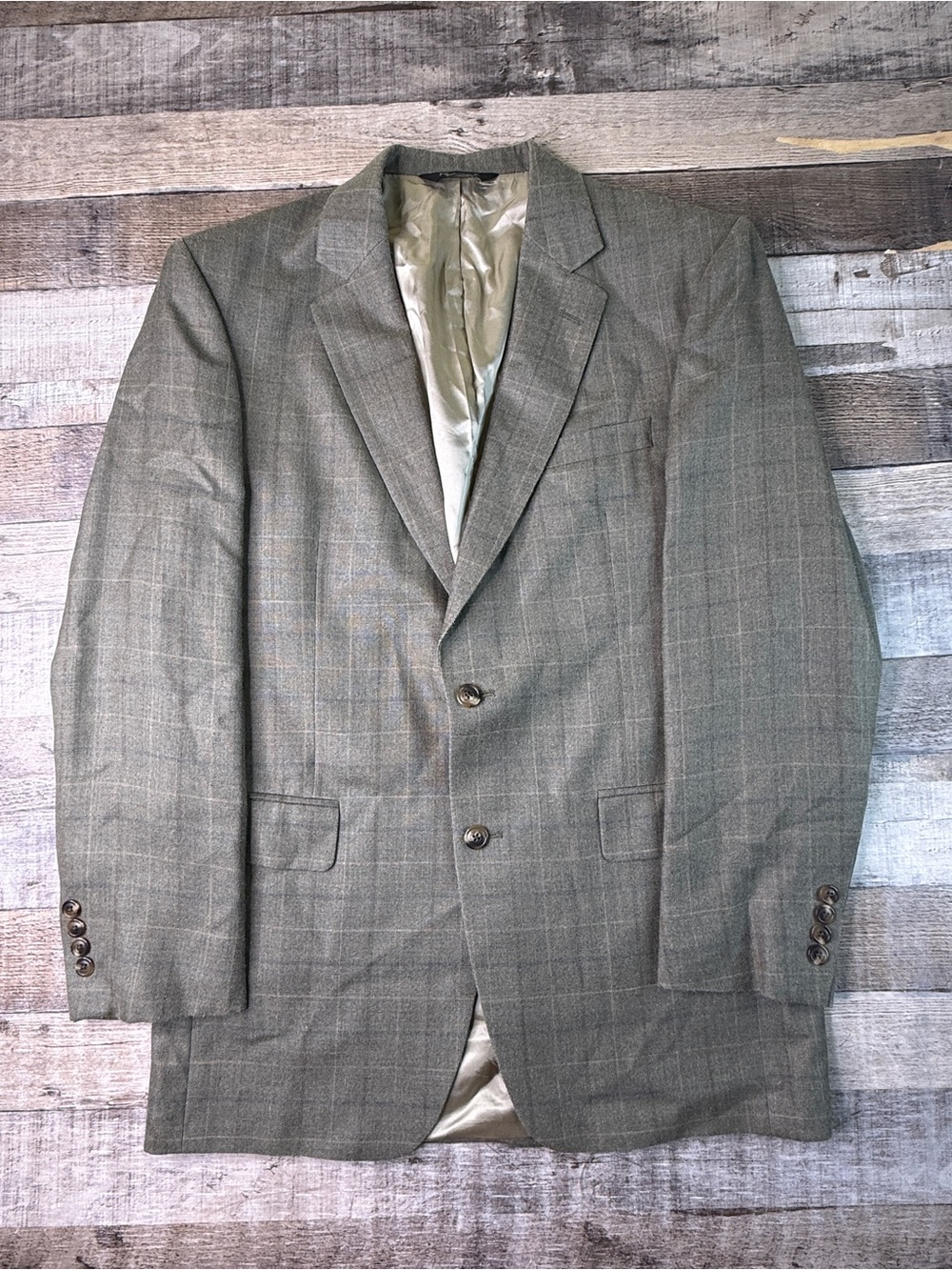 Jos A Bank 40L Olive Silk Wool Windowpane Blazer Classic Two-Button Suit Jacket